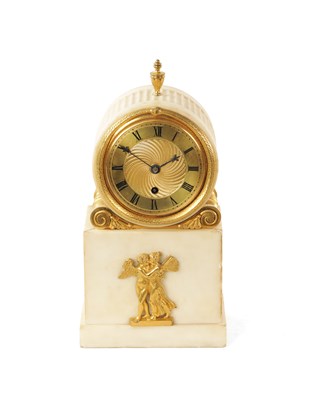 Lot 953 - RIGBY, CHARING CROSS, LONDON. A FINE REGENCY ENGLISH ORMOLU AND WHITE MARBLE FUSEE MANTEL CLOCK