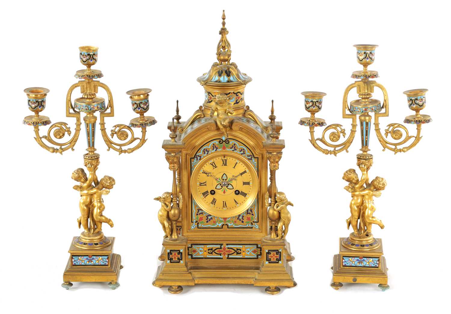 Lot 1043 - A FINE 19TH CENTURY FRENCH ORMOLU AND CLOISONNÉ ENAMEL THREE PIECE CLOCK GARNITURE