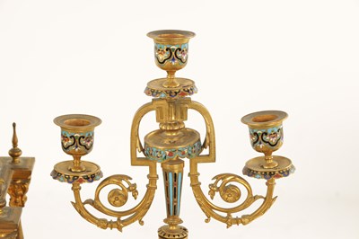 Lot 1043 - A FINE 19TH CENTURY FRENCH ORMOLU AND CLOISONNÉ ENAMEL THREE PIECE CLOCK GARNITURE