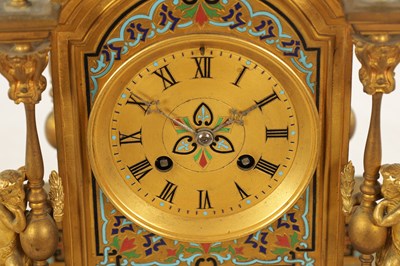 Lot 1043 - A FINE 19TH CENTURY FRENCH ORMOLU AND CLOISONNÉ ENAMEL THREE PIECE CLOCK GARNITURE