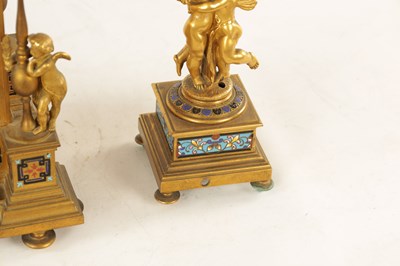 Lot 1043 - A FINE 19TH CENTURY FRENCH ORMOLU AND CLOISONNÉ ENAMEL THREE PIECE CLOCK GARNITURE