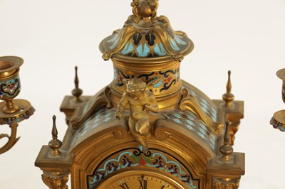 Lot 1043 - A FINE 19TH CENTURY FRENCH ORMOLU AND CLOISONNÉ ENAMEL THREE PIECE CLOCK GARNITURE