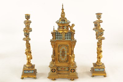 Lot 1043 - A FINE 19TH CENTURY FRENCH ORMOLU AND CLOISONNÉ ENAMEL THREE PIECE CLOCK GARNITURE