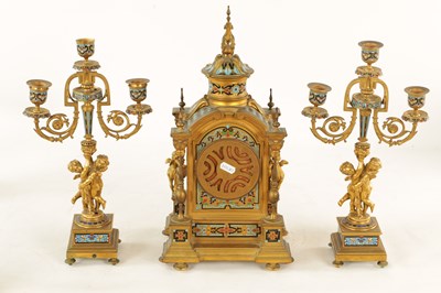 Lot 1043 - A FINE 19TH CENTURY FRENCH ORMOLU AND CLOISONNÉ ENAMEL THREE PIECE CLOCK GARNITURE