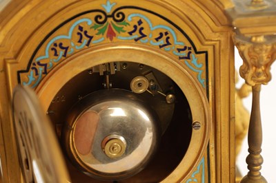 Lot 1043 - A FINE 19TH CENTURY FRENCH ORMOLU AND CLOISONNÉ ENAMEL THREE PIECE CLOCK GARNITURE