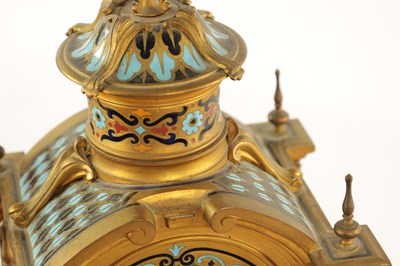 Lot 1043 - A FINE 19TH CENTURY FRENCH ORMOLU AND CLOISONNÉ ENAMEL THREE PIECE CLOCK GARNITURE