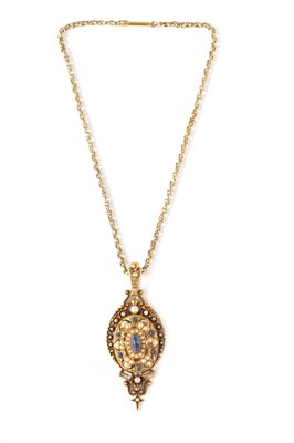 Lot 322 - AN 18CT GOLD LAPIS LAZULI AND PEARL SET PENDANT ON 9CT GOLD CHAIN