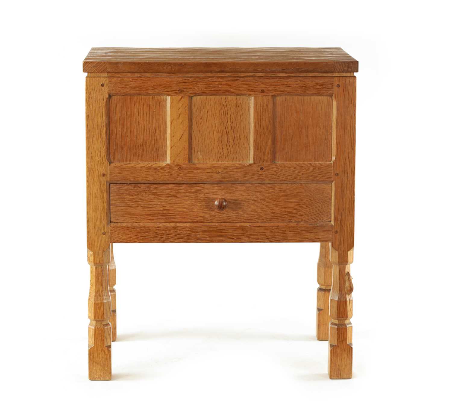 Lot 1106 - A ROBERT 'MOUSEMAN' THOMPSON JOINED ADZED LIGHT OAK SEWING BOX/SIDE CABINET