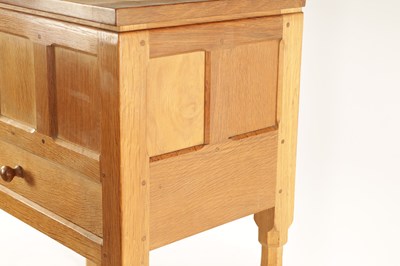 Lot 1106 - A ROBERT 'MOUSEMAN' THOMPSON JOINED ADZED LIGHT OAK SEWING BOX/SIDE CABINET