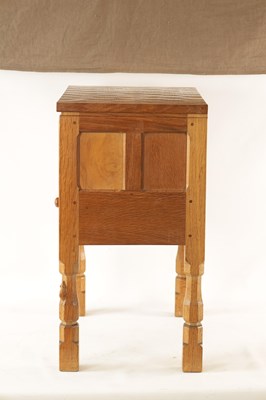 Lot 1106 - A ROBERT 'MOUSEMAN' THOMPSON JOINED ADZED LIGHT OAK SEWING BOX/SIDE CABINET