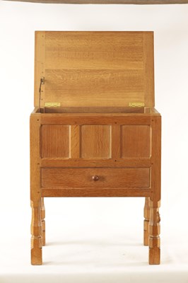 Lot 1106 - A ROBERT 'MOUSEMAN' THOMPSON JOINED ADZED LIGHT OAK SEWING BOX/SIDE CABINET