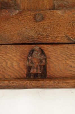 Lot 1100 - A FINE EARLY THOMAS 'GNOME MAN' WHITTAKER LIGHTLY ADZED AND BURR OAK HANGING CORNER CUPBOARD OF SMALL SIZE - IN THE MANNER OF ROBERT 'MOUSEMAN' THOMPSON