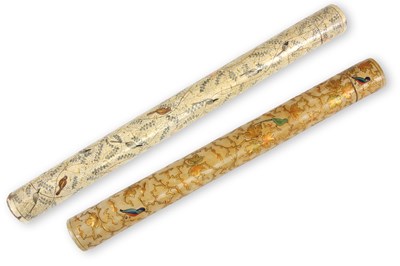 Lot 240 - A KASHMIR GOLD LACQUER WORK CYLINDER NEEDLE...