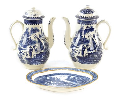 Lot 82 - TWO SIMILAR 18TH-CENTURY BLUE AND WHITE WORCESTER TYPE COFFEE POTS AND COVERS