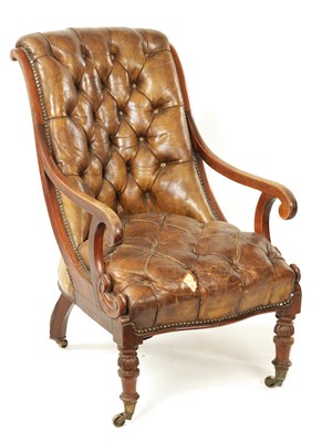 Lot 1312 - A REGENCY MAHOGANY BUTTON BACK LEATHER UPHOLSTERED LIBARY CHAIR