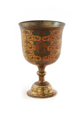 Lot 141 - AN 18TH CENTURY INDIAN BRONZE AND ENAMEL GOBLET