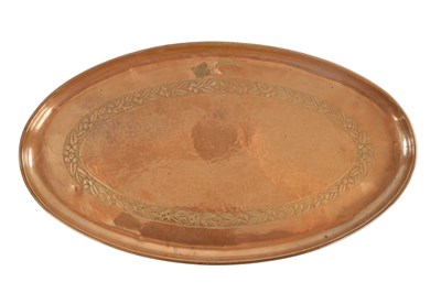 Lot 550 - AN ARTS AND CRAFTS OVAL PLENISHED COPPER TRAY