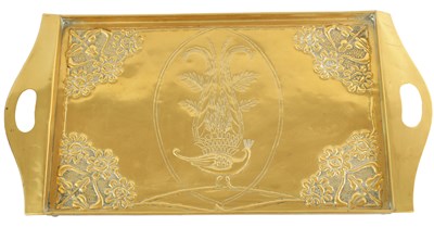 Lot 558 - AN STYLISH ARTS AND CRAFTS BRASS RECTANGULAR TRAY