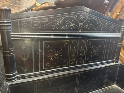 Lot 1202 - A LATE 19TH CENTURY AESTHETIC PERIOD EBONISED COUNTRY HOUSE WINDOW SEAT IN MANNER OF CHRISTOPHER DRESSER POSSIBLY BY CHUBB