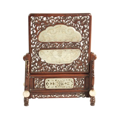 Lot 117 - A 19TH CENTURY CHINESE CARVED JADE AND HARDWOOD TABLE SCREEN