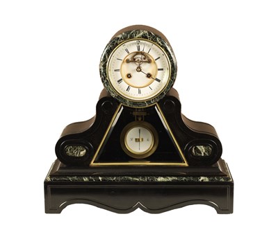 Lot 923 - A LATE 19TH CENTURY BLACK SLATE AND ANTICO VERDE MARBLE MANTEL CLOCK
