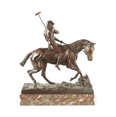 Lot 643 - JOSEPH CUVELIER (1833-1870). A 19TH CENTURY BRONZE SCULPTURE OF A HORSE AND RIDER PLAYING POLO