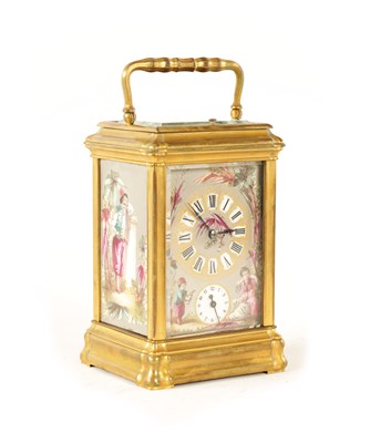 Lot 983 - A LATE 19TH CENTURY GILT PORCELAIN PANELLED GORGE CASED REPEATING CARRIAGE CLOCK
