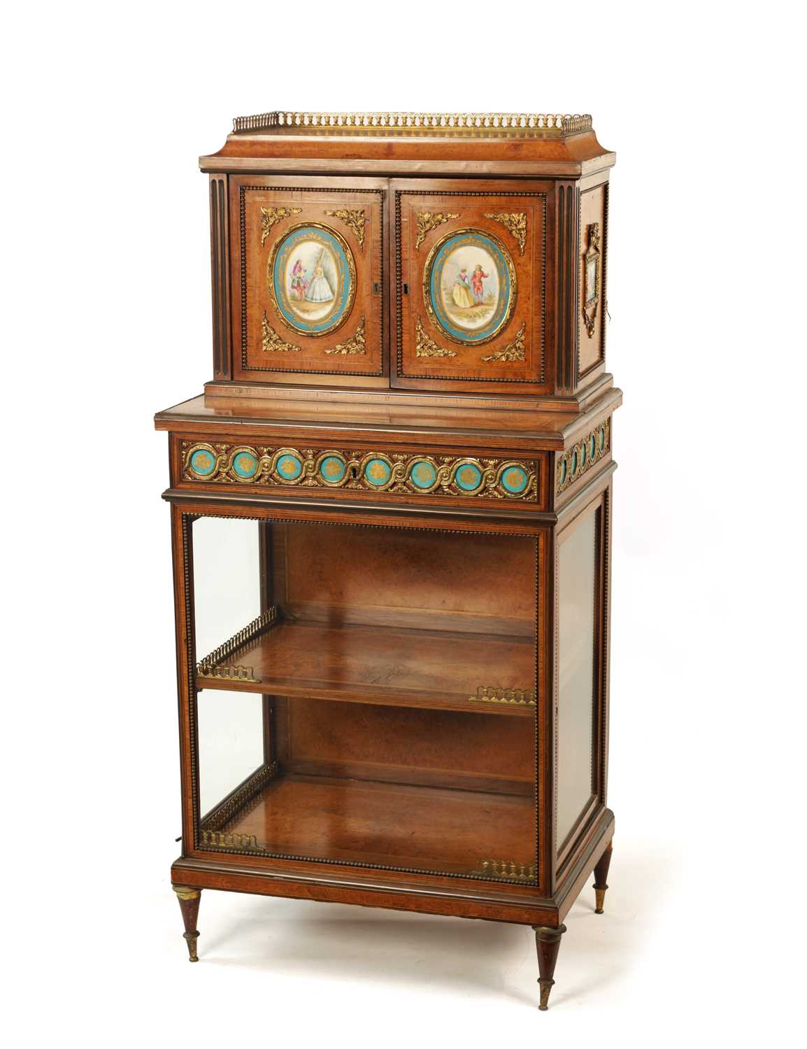 Lot 1379 - A FINE 19TH CENTURY FRENCH AMBOYNA AND TULIPWOOD CROSS-BANDED SERVES PANELLED DISPLAY CABINET