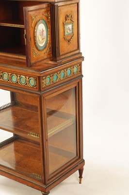 Lot 1379 - A FINE 19TH CENTURY FRENCH AMBOYNA AND TULIPWOOD CROSS-BANDED SERVES PANELLED DISPLAY CABINET