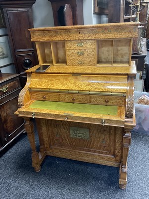 Lot 1329 - A FINE EXHIBITION QUALITY OVERSIZED 19TH CENTURY PAINTED SATINWOOD POP-UP PIANO TOP DAVENPORT ATTRIBUTED TO WRIGHT AND MANSFIELD
