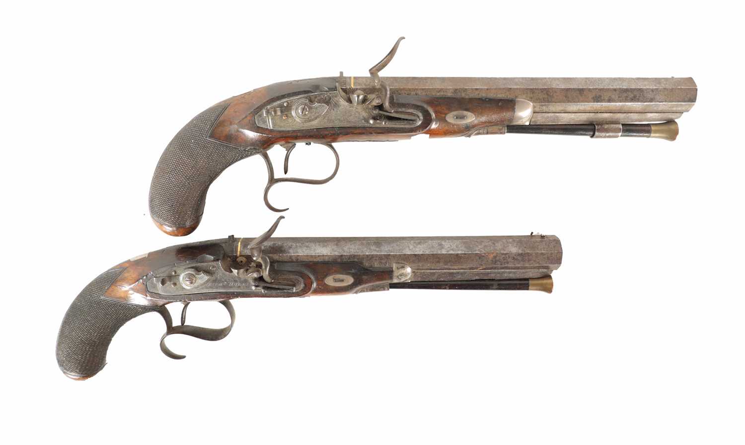 Lot 454 - RICHARD HOLLIS, LONDON. A GOOD PAIR OF EARLY 19TH CENTURY OFFICERS FLINTLOCK PISTOLS