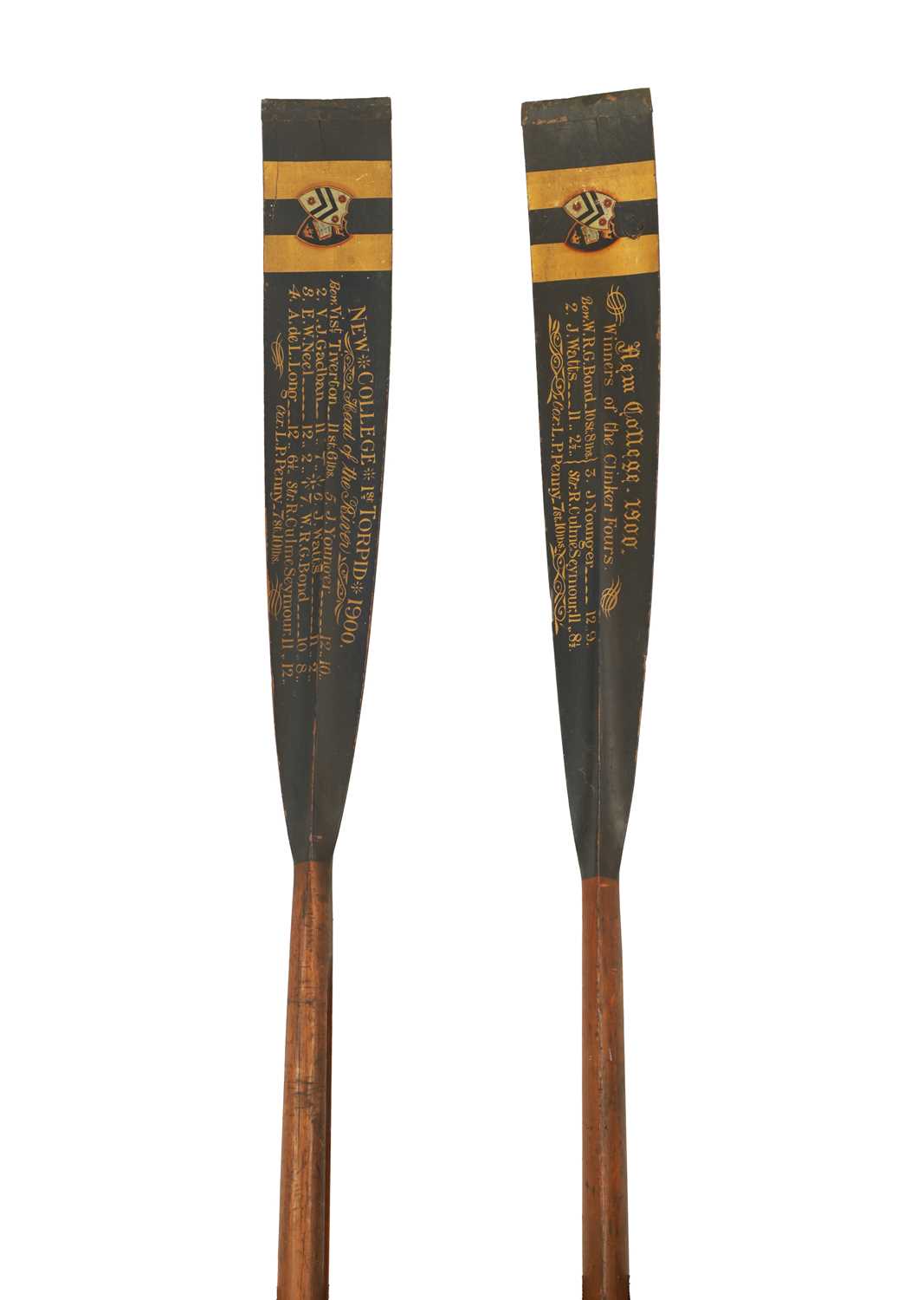 Lot 654 - A GOOD PAIR OF PRESENTATIONS OXFORD UNIVERSITY ROWING OARS DATED 1900.