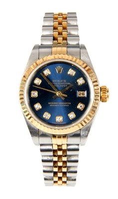 Lot 270 - A LADIES 18CT GOLD AND STEEL DIAMOND SET ROLEX...