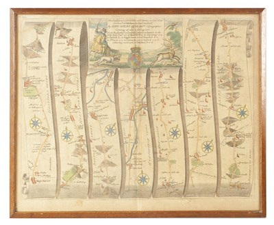 Lot 873 - JOHN OGILBY, THE ROAD FROM LONODN TO NORWICH, THE ROAD FROM LONDON TO ST NEOTTS HAND COLOURED DOUBLE PAGE ENGRAVING