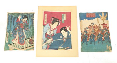 Lot 253 - A SELECTION OF THREE JAPANESE BLOCK PRINTS ON CLOTH