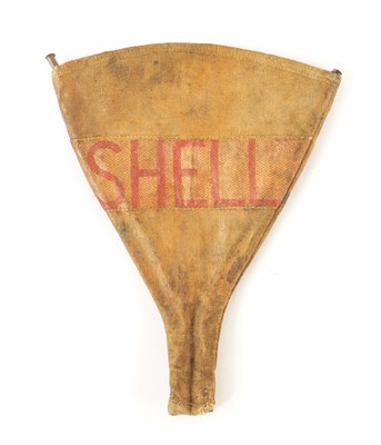 Lot 21 - A 1920S OR PROBABLY EARLIER SHELL FOLD FLAT CANVAS OIL FUNNEL