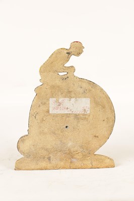 Lot 81 - A RARE 19TH CENTURY CAST IRON PAINTED DOORSTOP FORMED AS A CYCLIST MOUNTED ON A PENNY FARTHING