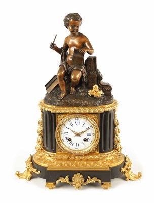 Lot 646 - A MID 19TH CENTURY FRENCH BRONZE AND ORMOLU FIGURAL MANTEL CLOCK