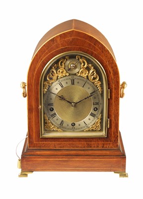 Lot 697 - A LATE 19TH CENTURY ROSEWOOD AND BOXWOOD STRUNG LANCET TOP THREE TRAIN QUARTER STRIKING MANTEL CLOCK