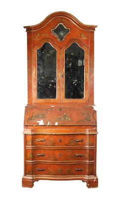 Lot 979 - AN 18TH CENTURY CONTINENTAL SCARLET LACQUERED CHINOISERIE BUREAU BOOKCASE