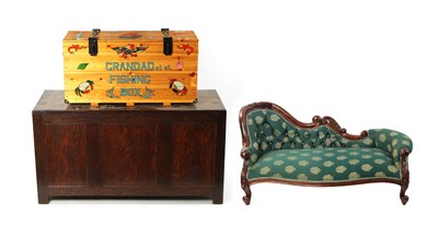 Lot 304 - A 20TH CENTURY MINIATURE CHAISE LOUNGE, A 20TH CENTURY FISHING TACKLE BOX AND A BLANKET BOX