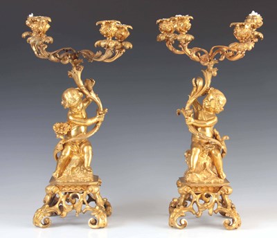 Lot 466 - A PAIR OF 19TH CENTURY GILT ORMOLU BRONZE FOUR BRANCH CANDELABRA