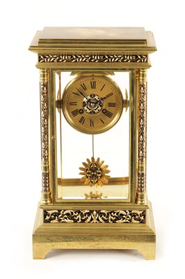 Lot 763 - A LARGE LATE 19TH CENTURY FRENCH BRASS AND CHAMPLEVE ENAMEL FOUR-GLASS MANTEL CLOCK