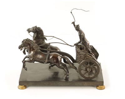 Lot 180 - A 19TH CENTURY FRENCH CHARIOT BRONZE FIGURE GROUP