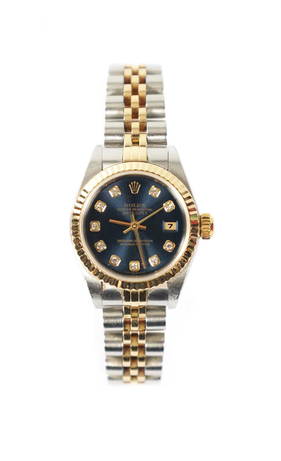 Lot 400 - A LADIES 18CT GOLD AND STEEL DIAMOND SET ROLEX OYSTER PERPETUAL DATEJUST WRIST WATCH