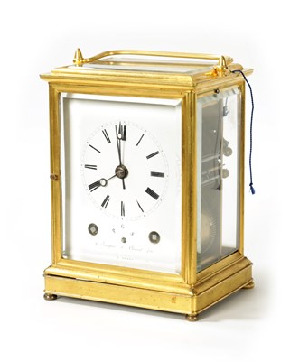 Lot 650 - A. BOURGEOIS ET CLEMENT FILS, A. MOREZ. A MID 19TH CENTURY FRENCH GIANT GILT CASED GRAND SONNERIE CARRIAGE CLOCK