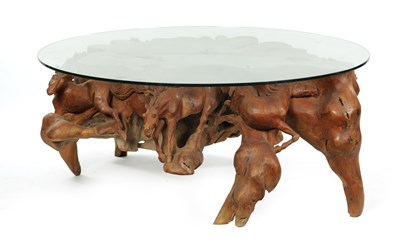 Lot 1472 - A STYLISH CARVED ROOT WOOD COFFEE TABLE