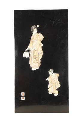 Lot 166 - A LARGE MEIJI PERIOD JAPANESE LACQUERED IVORY, BONE AND MOTHER-OF-PEARL INLAID PANEL
