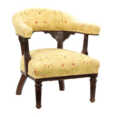 Lot 1006 - A LATE 19TH CENTURY AESTHETIC STYLE UPHOLSTERED ARMCHAIR IN THE MANNER OF HOWARD & SONS