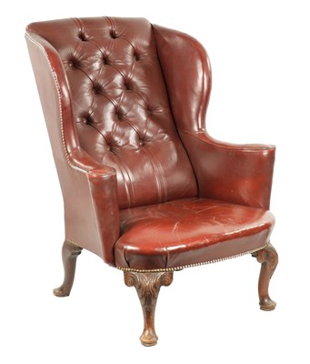 Lot 837 - A GEORGE II WALNUT WING ARMCHAIR WITH LATER BUTTONED RED LEATHER UPHOLSTERY